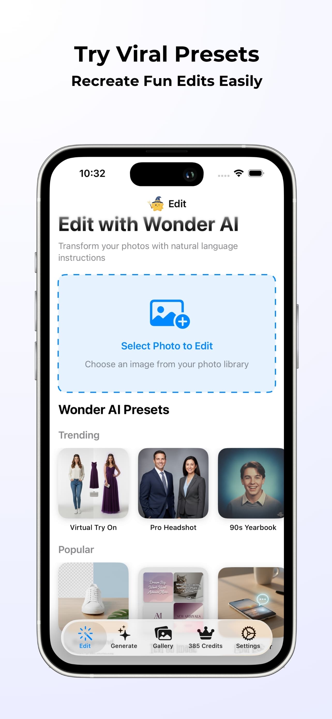 WonderEdit presets including virtual try-on, professional headshots, and 90s yearbook edits